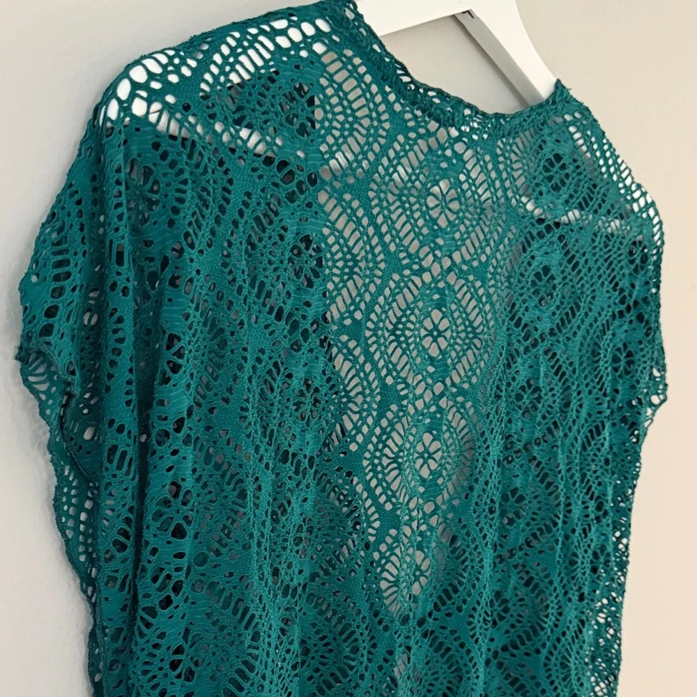 Becca Virtue Women L/XL‎ Lace Crochet Olive Green Open V-Front Cardigan Cover Up